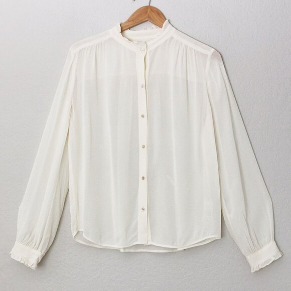 Aritzia Wilfred Ruffle High Neck Button Front Blouse Shirt S Cream Semi Sheer - Picture 1 of 15
